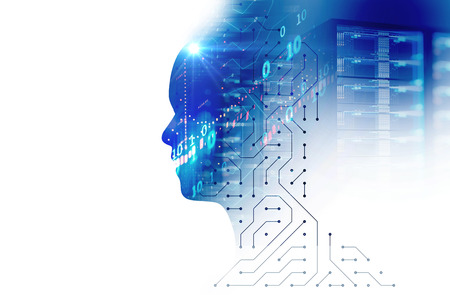 silhouette of virtual human on circuit pattern 3d illustration  , represent artificial technology.