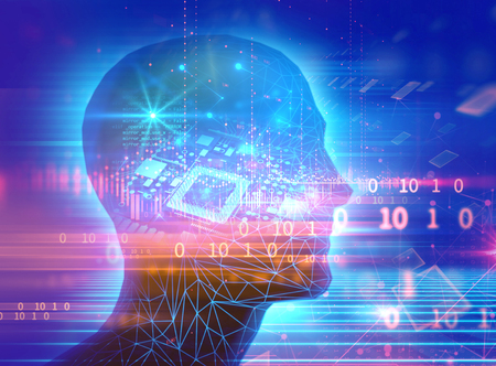 double exposure image of virtual human 3dillustration on business and learning technology ...
