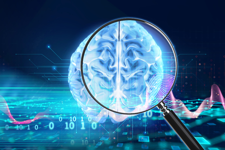 3d rendering of Magnifying Glass on digital brain image, concept of cyber criminal and artificial 
intelligenceの写真素材