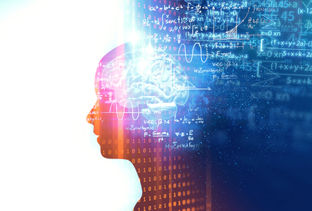 silhouette of virtual human on handwritten equations 3d illustration  , represent artificial...