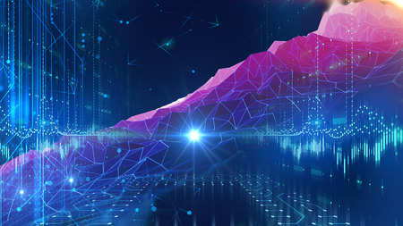 polygon on wireframe landscape abstract technology background 3d illustrationの写真素材