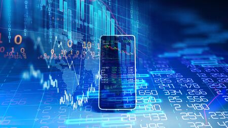 financial graph and technology element on mobile phone 3d rendering  represent Blockchain 
and  mobile Financial Investment .の写真素材