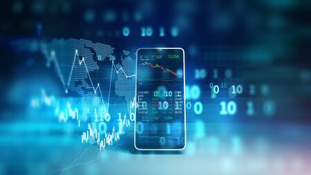 financial graph and technology element on mobile phone 3d rendering  represent Blockchain 
and  mobile Financial Investment .の写真素材