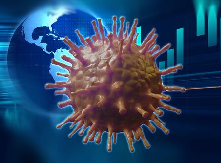 microscope close up of covid 19 virus and earth globe concept of virus spread over the world.3d illustrationの写真素材