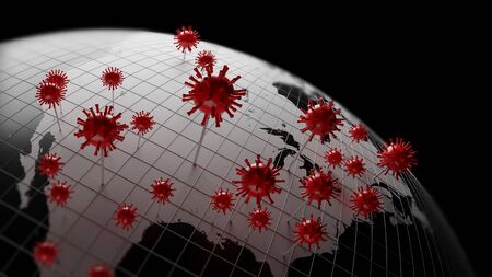 coronavirus pin on earth globe map concept of virus spread over the world effect global economic crisis.3d illustrationの写真素材