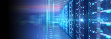 3D illustration banner  of server room in data center full of telecommunication equipment,concept of...