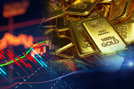 stack of  shiny gold bars on financial gold price graph  3d illustration