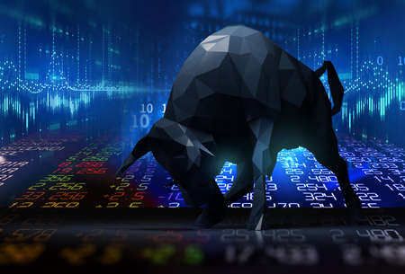 silhouette form of bull on financial stock market graph represent stock market rising or uptrend investment 3d illustrationの写真素材