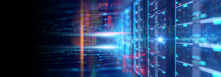 3D illustration banner  of server room in data center full of telecommunication equipment,concept of big data storage and  cloud hosting technologyの写真素材