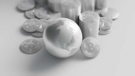 stacks of Bitcoins  crypto currency and money with earth 3dillustration represent global economy...