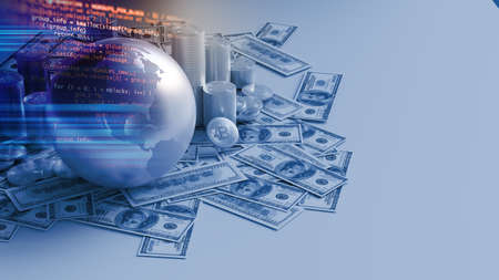 stacks of Bitcoins  crypto currency and money with earth 3dillustration represent global economy disrupt to crypto currency, 3d illustrationの写真素材