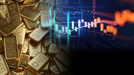stack of  shiny gold bars on financial gold price graph ,concept of safe heaven investment , 3d...