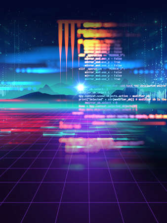 cyberpunk landscape with digital technology elements ,concept of cyberspace and cyberpunk.3d illustrationの写真素材