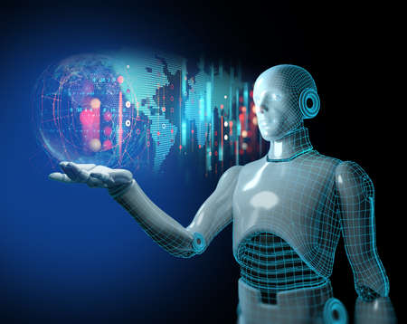 human robot extend hand to interact with something , 3d illustration