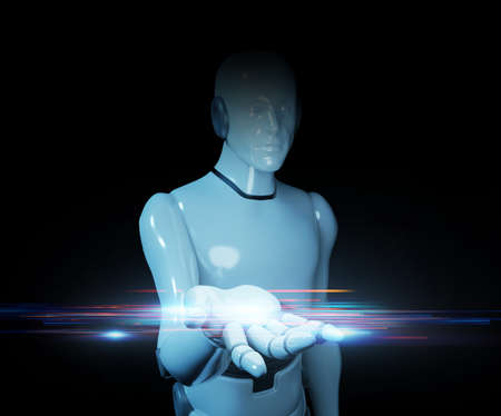 human robot extend hand to interact with hologram graphic , 3d illustrationの写真素材