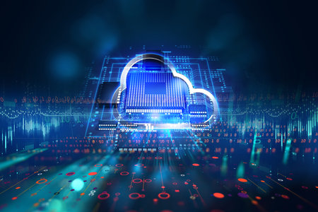 Cloud computing concept with copy space on a blue technology backgroundの写真素材