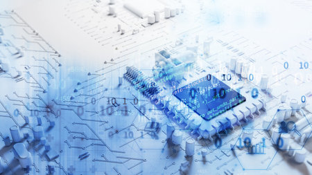 3d rendering of futuristic pcb pattern  and cpu background illustrationの写真素材