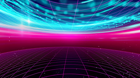 Retro futuristic background 1980s style 3d illustration. Digital landscape in a cyber world. For...