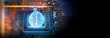 Conceptual background of Artificial intelligence and deep learning concept, human brain  on technology element ,3d illustration bannerの写真素材