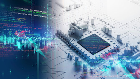 3d rendering of futuristic pcb pattern  and cpu background illustrationの写真素材
