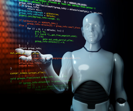 robot head concept of artificial intelligence with  chat bot concept , 3d illustrationの写真素材
