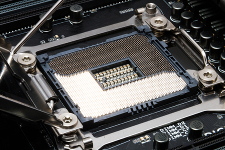 Detailed modern slot for cpu in black motherboard