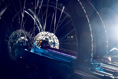 Close-up bicycle with black off road tire for outdoor off-road cyclingの写真素材