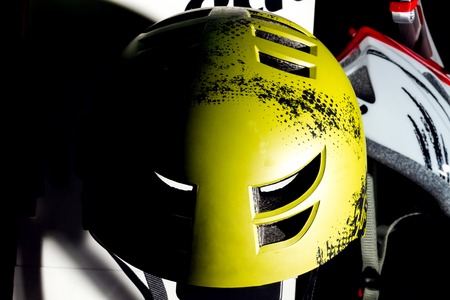 Close up view of yellow bike helmet.の写真素材