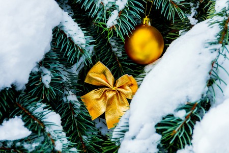 Christmas tree covered with white snow and decorated with colorful bows and ballsの写真素材