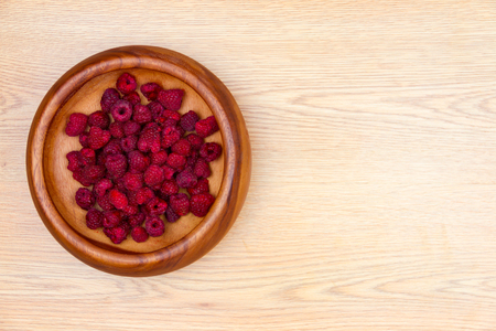 Healthy food. Wooden plate with fresh raspberry in it and wooden spoon isolated on beige background.の写真素材