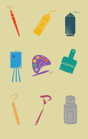 Set of colorful artistic icons isolated on yellow background. Vector Illustrationのイラスト素材
