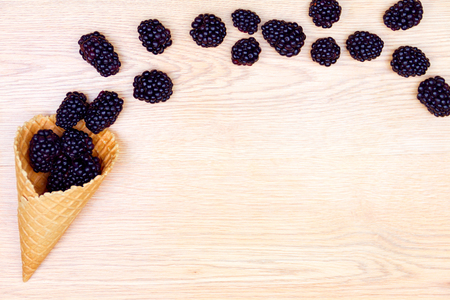 Healthy ice-cream. Healthy food: Blackberries in wafer cup isolated on white backgroundの写真素材