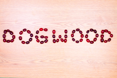 Healthy food. Word "dogwood" made of cornel isolated on beige backgroundの写真素材