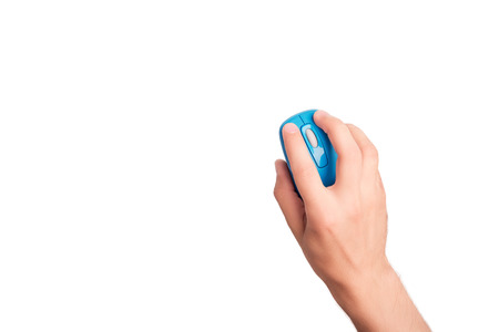 Man's hand holding computer mouse and clicking on virtual screen isolated on white background