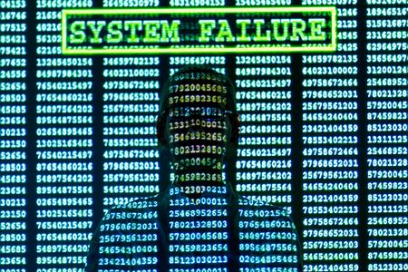 Cyber security software developer with glasses on guard of internet and web data from spam, malware, viruses and spy software applications. Internet security concept. Futuristic confident programmer.の写真素材