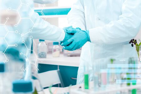 Closeup scientists hands in gloves making handshake at microbiology laboratory. Biotechnologists are...