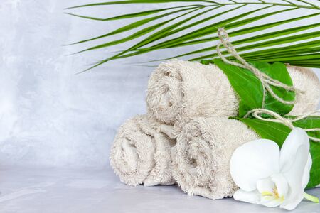 Closeup set of three soft cotton towel rolls, white orchid flower, tropical green plant are on grey background. Preparations for relaxing spa thai healing treatments. Ayurveda salon concept.の写真素材