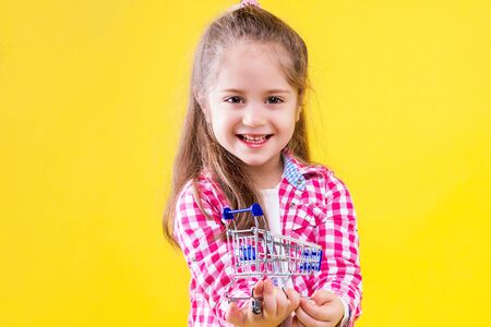 Pretty fair haired girl in pink checkered shirt is holding little cart for buying goods, products. Cute stylish child is smiling on orange yellow background. Shopping and sale concept. Black friday. の写真素材