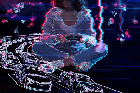 Teenage school girl is playing with car holograms in virtual reality game club. Young woman is...