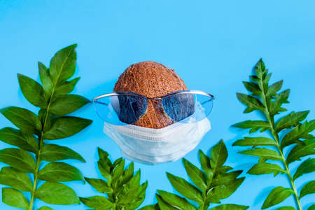 Brown coconut nut dressed in medical protective mask and sun glasses, green palm leaves on blue...