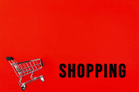 Little shopping cart, trolley for clothes, products, technics is on red background canvas. Black...