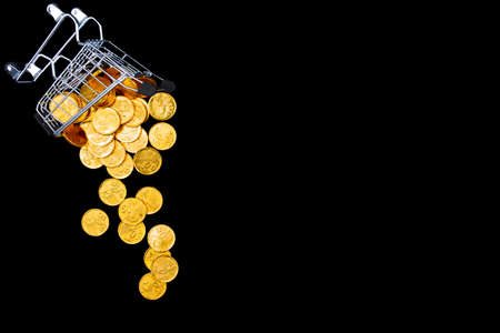 Overturned little shopping cart with gold dollar euro coins on background canvas. Black friday sale...