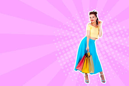 White woman pop art. Caucasian girl hold shopping bag. Comic book cartoon female character. Wow...