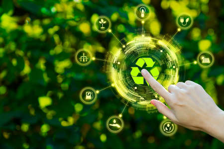 Human hand finger select icon with image of environment recycle icons. Influence and role of solar energy, air temperature, oxygen, humidity, and mineral fertilizers on plant growth rates and yield.の写真素材