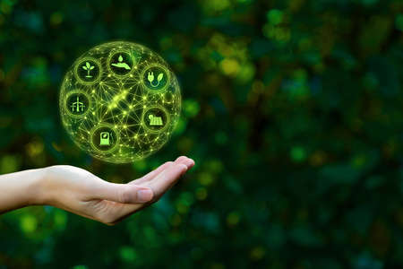 Female hand is holding hologram of planet with environmental icons on green natural forest background. Renewable energy. Earth day. Save world. Ecology and environment concept. Global warming.の写真素材