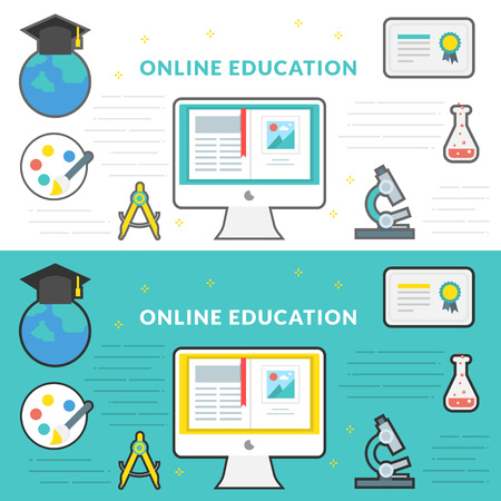 Flat Line Vector Banner about Online Education for Web Developmentのイラスト素材
