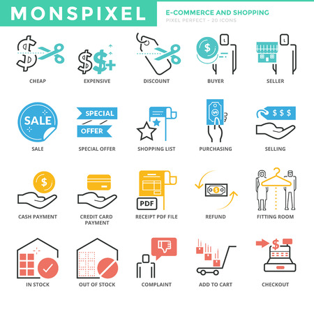 Flat thin line Icons set of E-commerce and Shopping. Pixel Perfect Icons. Simple mono linear pictogram pack stroke   concept for web graphics.のイラスト素材