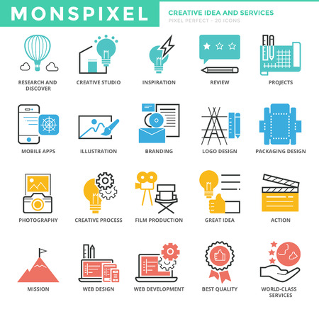 Flat thin line Icons set of Creative Idea and Services. Pixel Perfect Icons. Simple mono linear pictogram pack stroke  concept for web graphics.のイラスト素材