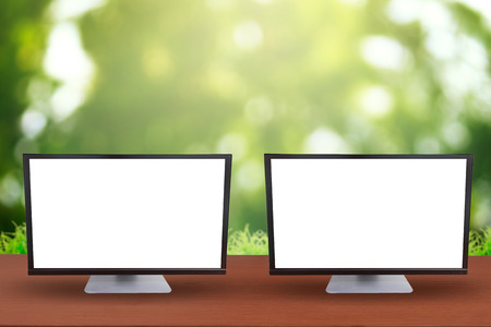 computer on table and background natureの写真素材