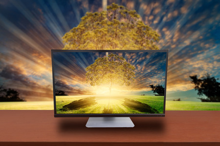 computer on table and background nature